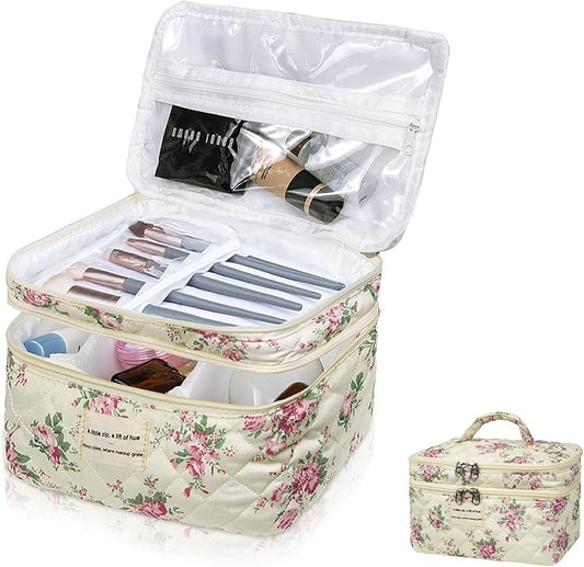 Large Quilted Makeup Bag, Large Floral Cosmetic Bag for Women, Cute Cotton Makeup Bags, Flower Travel Toiletry Organizer Bag (Pink Flowers)