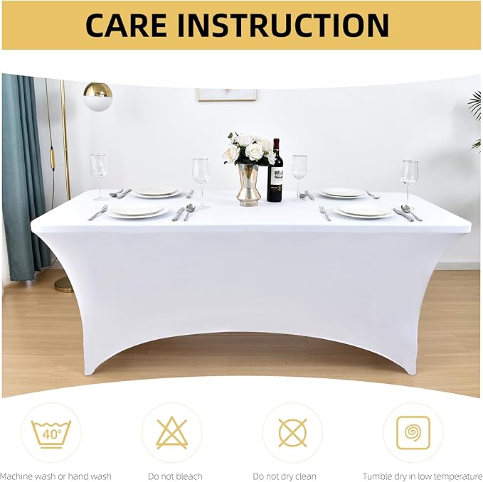ZarzaaSik 10-Pack 8ft White Spandex Table Covers for Rectangle Folding Tables - Washable Elastic Tablecloth - Ultimate Fitted Table Protector for Parties, Trade Shows, Banquet, and Wedding