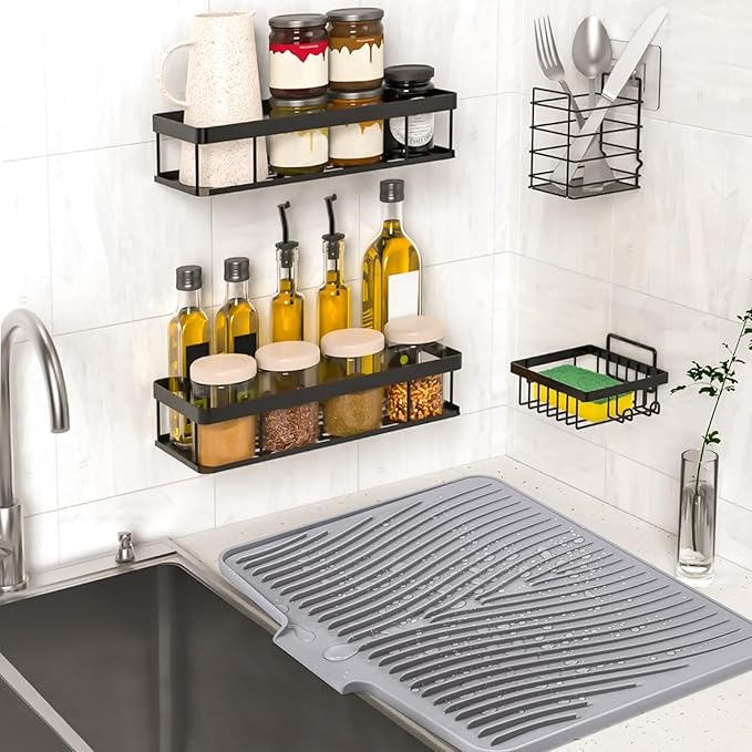 TIKNIK Silicone Dish Drying Mat, Stone Drying Mat for Kitchen Counter with Built-In Drain, Non-Slip Drain Pad with Built-in Drain, Heat Resistant Stone Drying Mat, 1Pcs 20" x 15", Grey