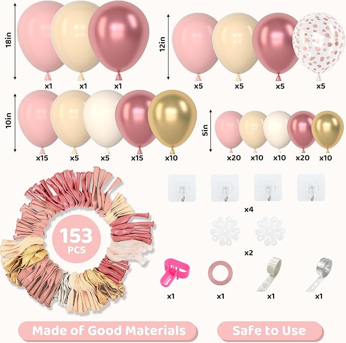 Amandir 153Pcs Boho Blush Balloon Garland Arch Kit, Double-Stuffed Nude Cream Peach Dusty Rose Pink Gold Confetti Metallic Balloon for Valentines Day Baby Shower Birthday Party Wedding Decorations