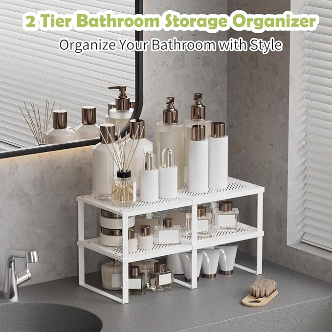 2 Pack Expandable Cabinet Shelves Organizer Width 11'' Stackable Kitchen Counter Storage Shelves,Adjustable Width Pantry Shelf Spice Rack