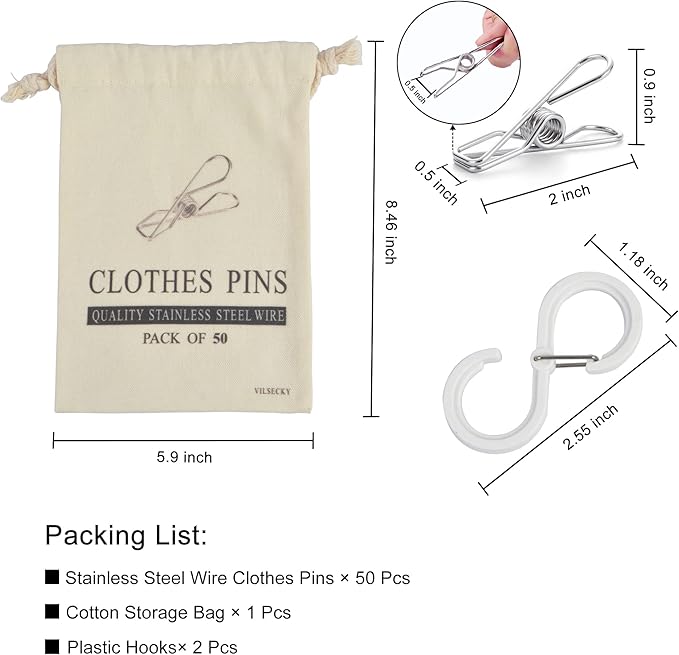 50 Pcs Clothespins Laundry Chip Clips - Durable Stainless Steel Clothes Pins,Heavy Duty Clamp Metal Wire Clothes Pegs with One Storage Bag & 2 Hooks,for Outdoor Clothesline Home Kitchen Office
