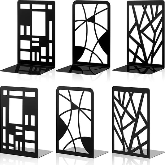 Zonon 6 Pcs Heavy Duty Bookends Decorative Black Metal Bookends for Shelves Book Divider Geometrical Holder Art Design Book Stopper for Home Office School
