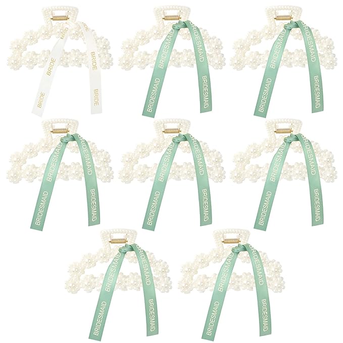 DEEKA Bridesmaid Proposal Gifts 8 Pack Pearl Bridesmaid Hair Claw Clips with Ribbon 3 Inch Hair Clips Bachelorette Party Favors Bridal Party Present Hair Accessories (Half Circle White&Green)