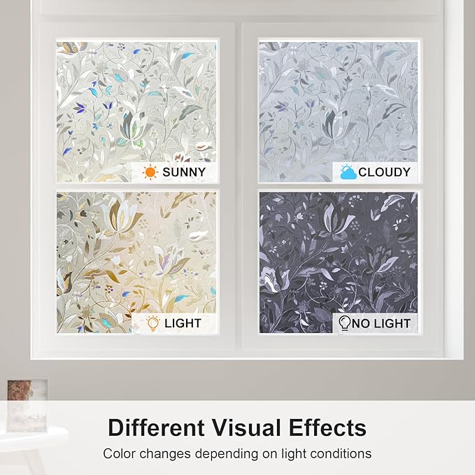 Window Privacy Film, 3D Rainbow Decorative Stained Glass Windows Film, Sun Blocking Window Clings, Static Cling Frosted Glass Windows Sticker Door Covering for Home (Tulip, 17.5" x 78.7")