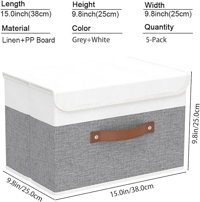 Yawinhe Storage Boxes with Lids, Linen Fabric Bin, Cube Organizer Basket, Washable and Leather Handle, for Home, Closet, White/Grey, 15.0''Lx9.8''Wx9.8''H, 5-Pack, USNK024WGL-5