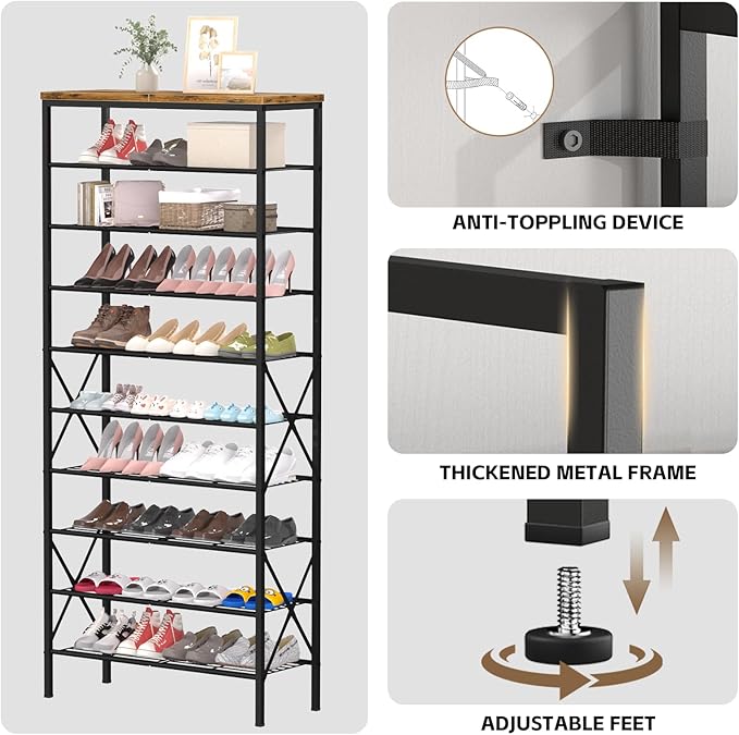 10-Tier Tall Shoe Rack, Large Capacity Shoe Shelf Holds 40-45 Pairs, Shoe Organizer for Entryway, Hallway, Living Room, Rustic Brown