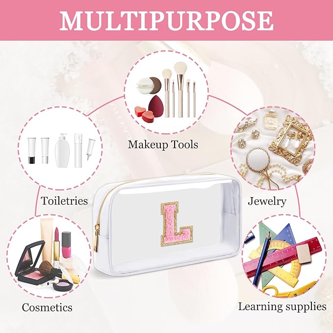 Small Clear Personalized Initial Makeup Bag,Nylon Preppy A-Z Chenille Letter Patch Cosmetic Pouch Beach Toiletry Bag,Waterproof Zipper Travel Purse Storage Bag Organizer for Women Girls(White-Pink L)