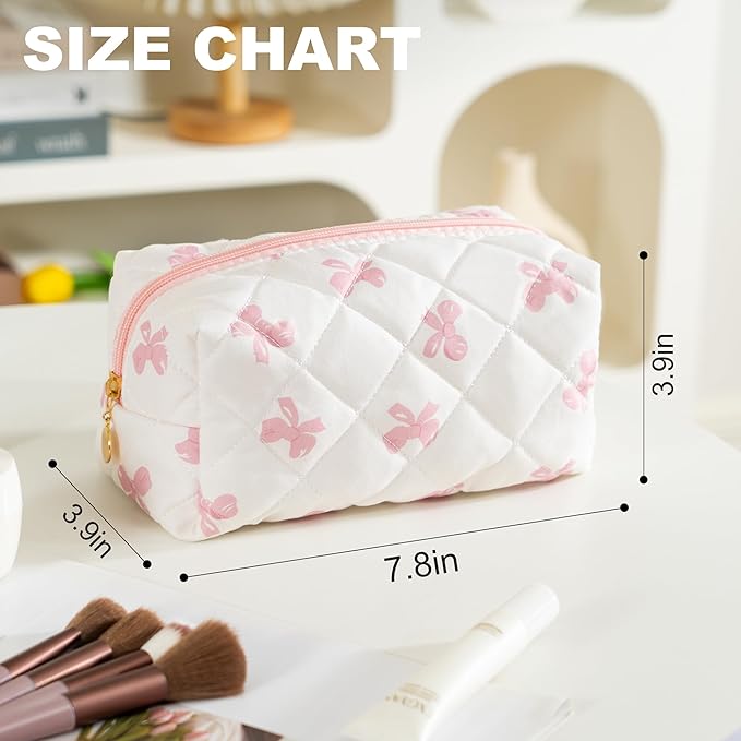 UUUYUUY Makeup Bag Travel Toiletry Bag for Women, Small Cosmetic Bags Cute Quilted Cotton Makeup Pouch for Purse Emergency Bag for School Floral Pencil Case Accessory Bag, Pink Bow