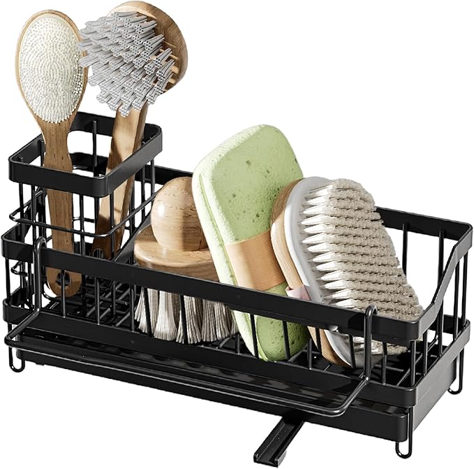 Sink Caddy kitchen Organzier with High Brush Holder, Wall-Mounted Sponge Holder for Sink, Countertop Organizer Soap Dispenser Storage, Rustproof 304 Stainless Steel Kitchen Essentials