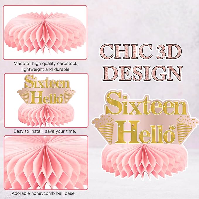 9Pcs 16th Birthday Decorations Pink Rose Gold Honeycomb Centerpieces for Girls,Happy 16th Birthday Table Centerpieces Party Supplies,Sixteen Year Old Birthday Table Toppers Decor