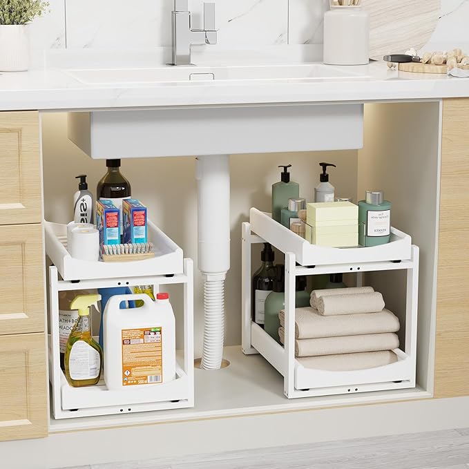Wisuce Essentials Bamboo Under Sink Organizer Adjustable Height 2 Tier Bathroom Organizer Pull Out Cabinet Storage Kitchen Heavy Duty Wood Slide Out Shelf for Kitchen Bathroom (White, 2 Packs)