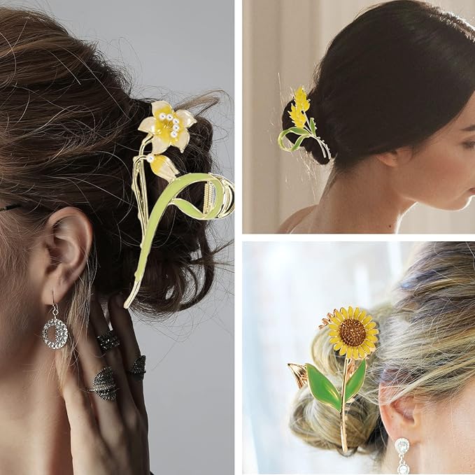 3-Piece Floral Metal Hair Clips, Sunflower Lily Wheat Designs for Thin/Medium Thick Hair, Elegant Barrettes With Strong Hold Non-Slip Clamps, Cute Catch Accessories