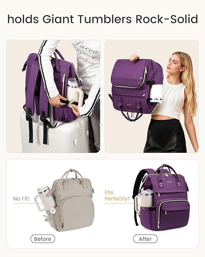 LOVEVOOK Laptop Backpack for Women with Giant Tumbler Holder Pocket,17 inch Waterproof Travel Backpack Purse Computer Laptop Bag,Professional Work College Nurse Teacher Backpack Personal Item,Coffee