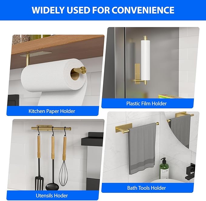 Paper Towel Holder Under Cabinet, Self-Adhesive,No Drilling, Stainless Steel, Wall-Mounted for Kitchen and Bathroom, Easy Install, Durable, Space-Saving, Ideal for Home, RV (Gold, 1 Pack)