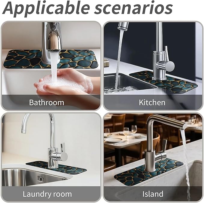 Kitchen Sink Splash Guard, Blue and Gold Stones Faucet Mat Sink Gadgets - Super Absorbent Fast Drying Mat Drip Catcher for Kitchen, Bathroom, Sink Mat, Dish Drying Mat, Bathroom (15" x 5.5")
