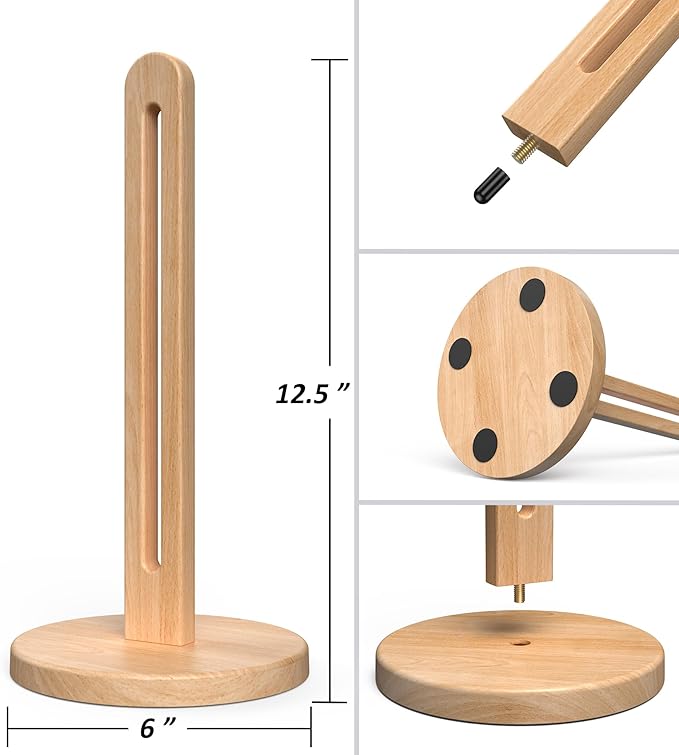 KitchLife Wooden Paper Towel Holder Countertop, Fits Jumbo Roll - Solid Beechwood Paper Towel Dispenser Stand with Anti-Skid Base, 1 Pack