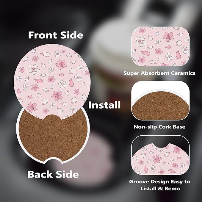 Car Cup Holder Coasters, 2 Pcs Ceramic Coasters with Cork Back and Finger Slot, Anti-Slip Shock Absorbing Women and Men Universal Car Accessories - Pink Sakura