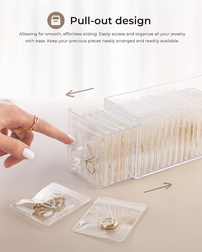 Clear Acrylic Jewelry Organizer Box with 20 Portable Pouches, Jewelry Storage Case for Women Girls, Tangle-Free, Anti-Tarnish, Compact Storage for Necklaces/Earrings/Rings, Upgraded Clear