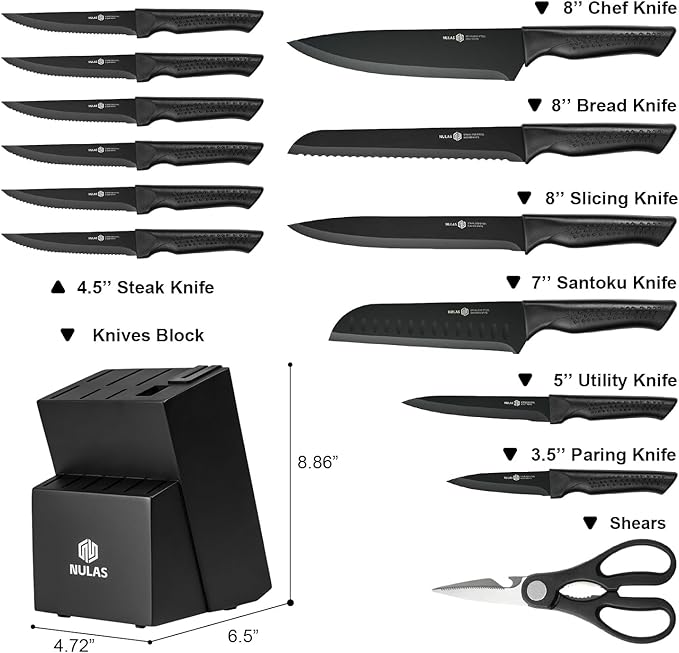 Knife Set, 15-Piece Kitchen Knife Set with Block and Built-in Sharpener, Dishwasher Safe, Non-slip Handle, 6 Steak Knives, Black