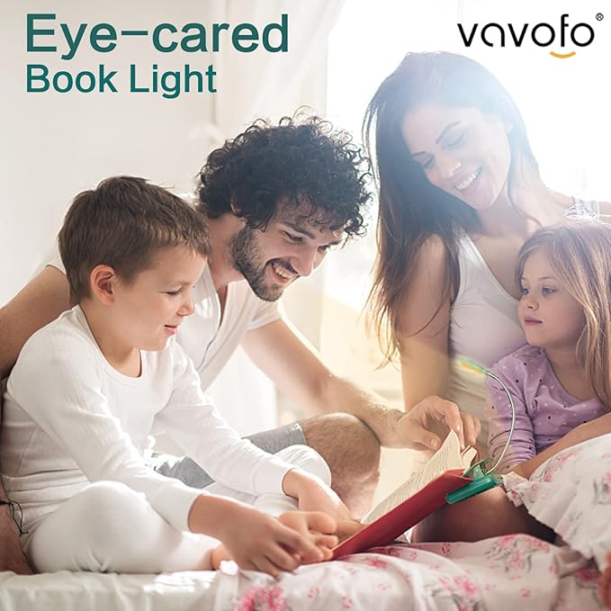 VAVOFO Rechargeable Book Light for Reading in Bed Kids, 7 LED Reading Light with 9-Level Warm Cool White Daylight, Eye Care Lamp with Power Indicator for Bookworms (Green)