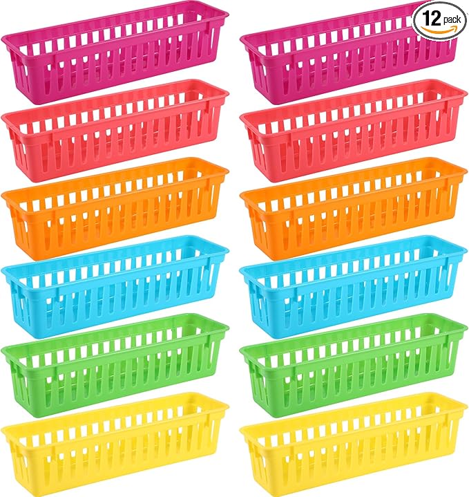 12 Pcs Colorful Slim Plastic Storage Baskets Tray 10 x 3 x 2.5 Inch Compact Stackable Desk Organizer for Office, Classroom, School Supplies, and Home Storage, Organization(Colorful)