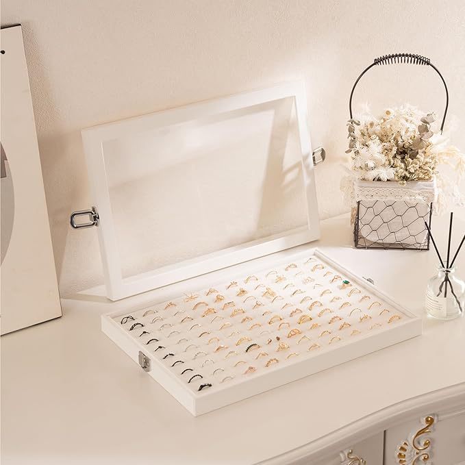 Lolalet Jewelry Organizer Tray with Lid, 100 Grids Velvet Ring Organizer Holder Storage Box for Drawer -Beige