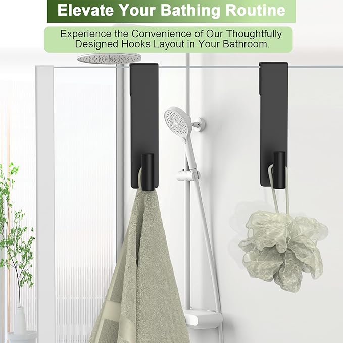 VINHOLD Shower Door Hooks, Heavy Duty Rack Hooks for Robe, Stainless Steel Towel Hooks for Bathroom, Fits Frameless Glass Shower Doors up to 3/8" (10mm) Thick (Black, 2 Pack)