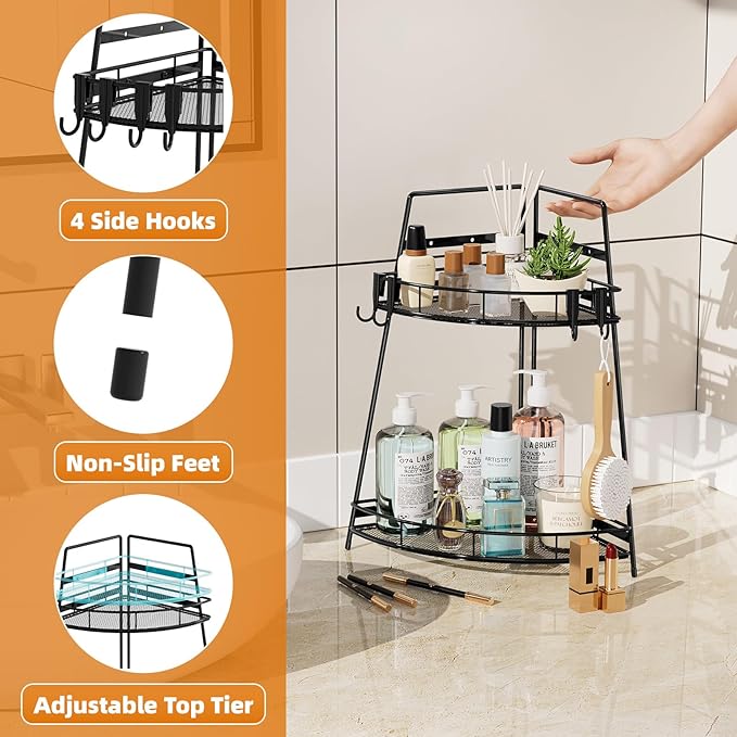 VITVITI 2 Tier Corner Bathroom Counter Organizer, Metal Bathroom Countertop Organizer Shelf Storage, Bath Room Sink Makeup Organizers for Vanity Perfume Skincare with Hooks, Black