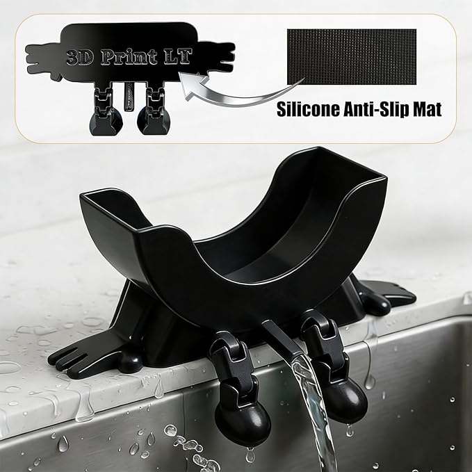 Cute Hanging Sponge Holder with Drainage, 3D Printed Kitchen Funny Sponge Stand for Sink, with Non-Slip Pads, Suitable for Scrub Daddy Holder, Keeps Your Sponge Dry Smiling (Black)