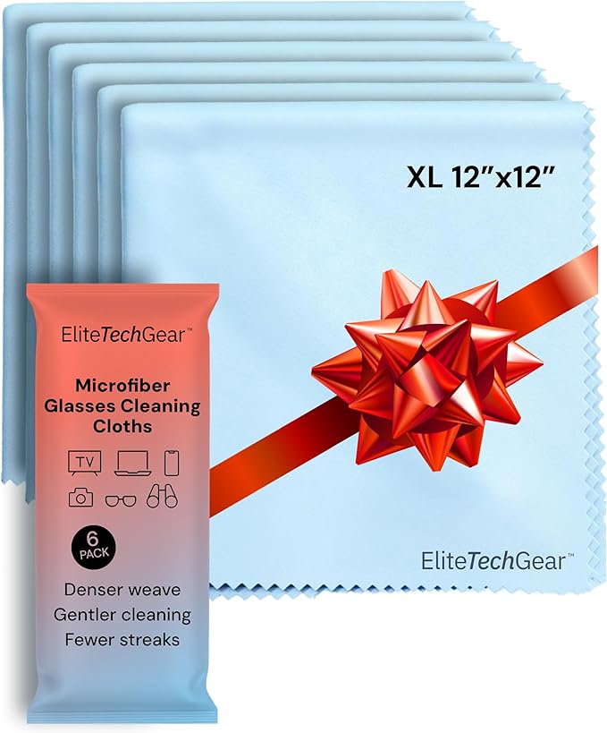 Elite Screens Microfiber Cleaning Cloths - 6-Pack, 6"×7" & 12"×12", Light Blue - Streak-Free Glasses Wipes - Travel-Ready Eyeglass Cleaning Wipes - Oversized Reusable Lens Care Cloths
