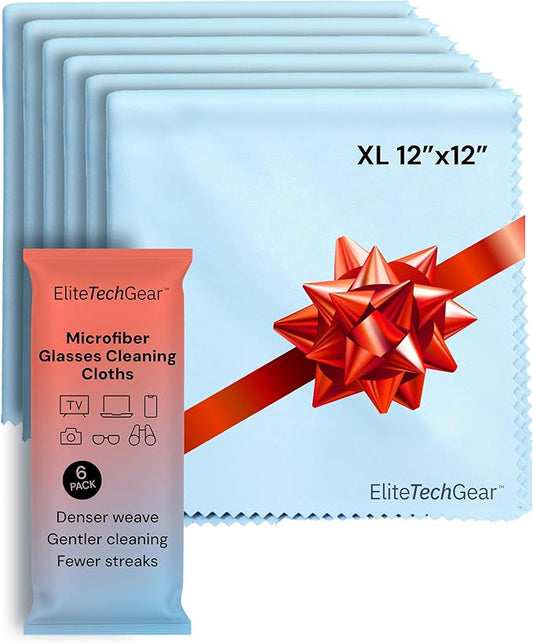 Elite Screens Microfiber Cleaning Cloths - 6-Pack, 6"×7" & 12"×12", Light Blue - Streak-Free Glasses Wipes - Travel-Ready Eyeglass Cleaning Wipes - Oversized Reusable Lens Care Cloths