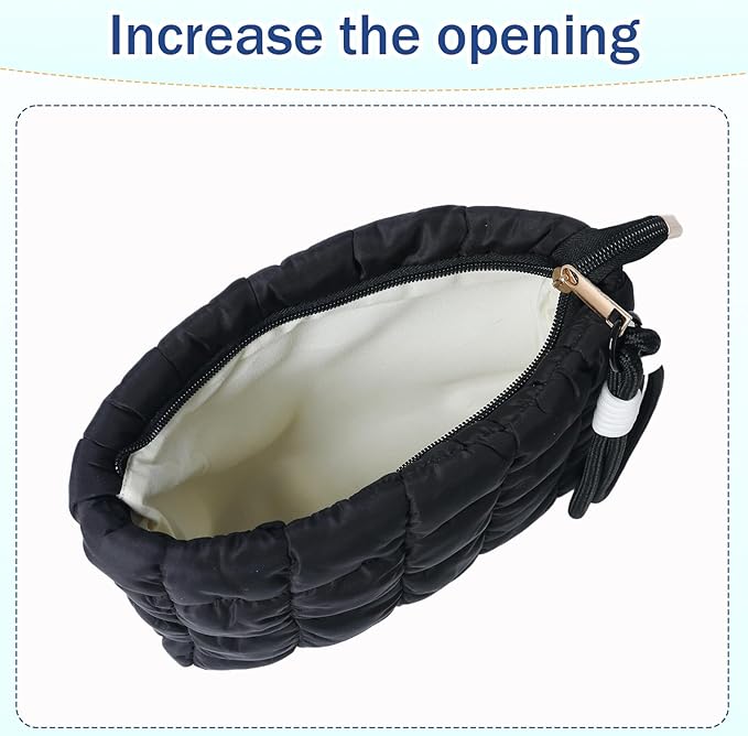 Puffy Quilted Makeup Bag Cosmetic Bag Equipped with a Detachable Handle Cute Zipper Pouch for Storage Clutch for Women(Black)
