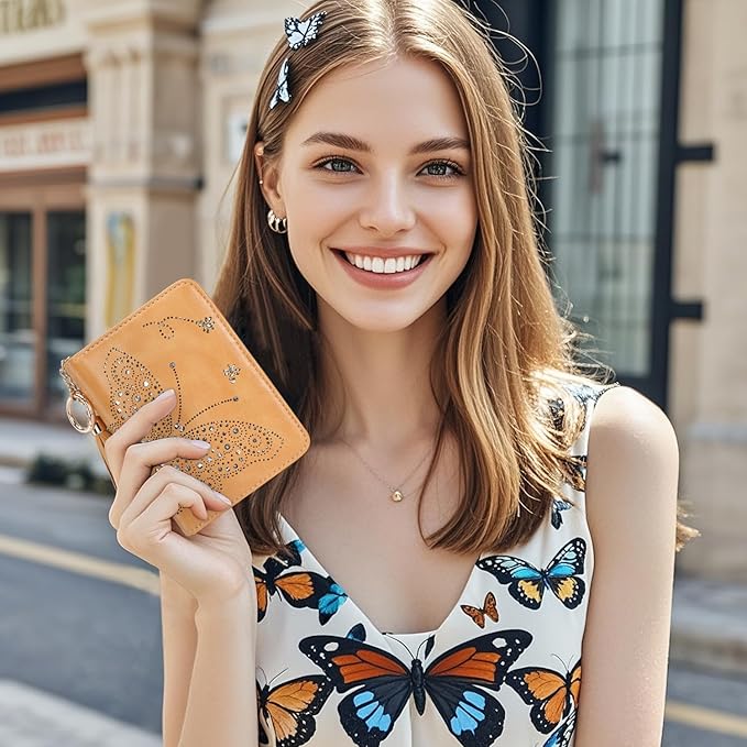 Women RFID Blocking Small Bifold Wallet, Compact Cash Clutch with Zipper Coin Pocket, Glittery Butterfly Design, Credit Card Holder, Travel Purse with Tassel YELLOW