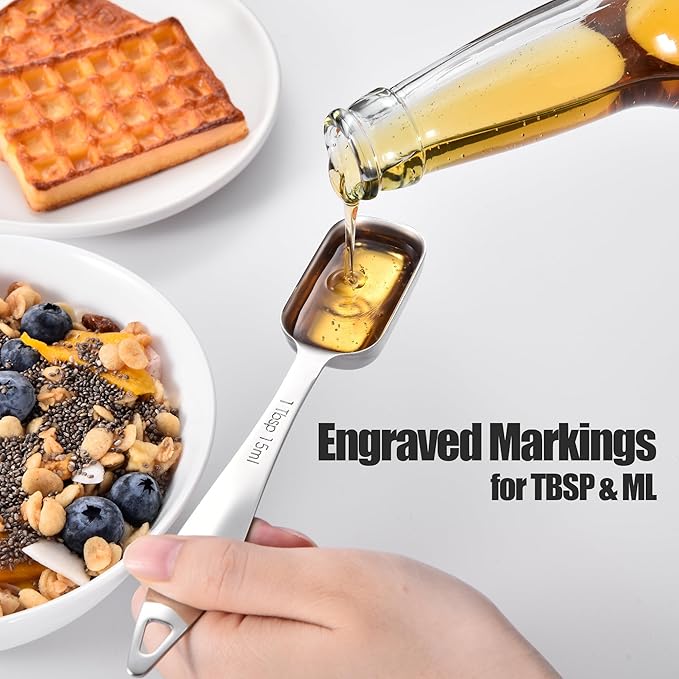 18/8 Stainless Steel Measuring Spoons: Doosu Heavy Duty Rectangular Spoon Square Teaspoon Tablespoon Scoop with Slim Long Handle in Narrow Spice Jar for Kitchen Baking Cooking (Set of 6 with Leveler)