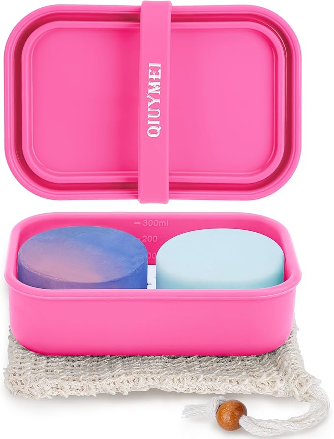Silicone Soap Holder, Enhanced Leak-Proof Travel Soap Container with Draining Layer, Portable Bar Soap Holder, Soap Case with Soap Bag, Soap Dishes for Bathroom/Camping/Gym (Pink)