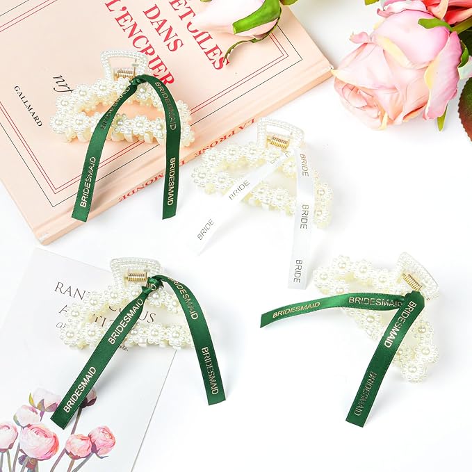 DEEKA Bridesmaid Proposal Gifts 8 Pack Pearl Bridesmaid Hair Claw Clips with Ribbon 3 Inch Hair Clips Bachelorette Party Favors Bridal Party Present Hair Accessories (Half Circle White&Dark Green)