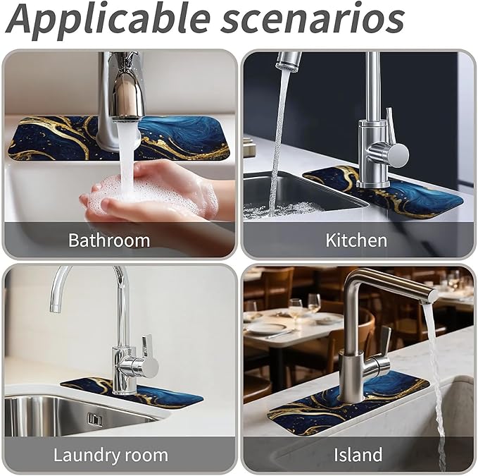 Kitchen Sink Splash Guard，Blue and gold marble texture Faucet Mat Sink Gadgets-Super Absorbent Fast Drying Mat Drip Catcher for Kitchen, Bathroom,Sink Mat, Dish Drying Mat, Bathroom(15" X 5.5" )