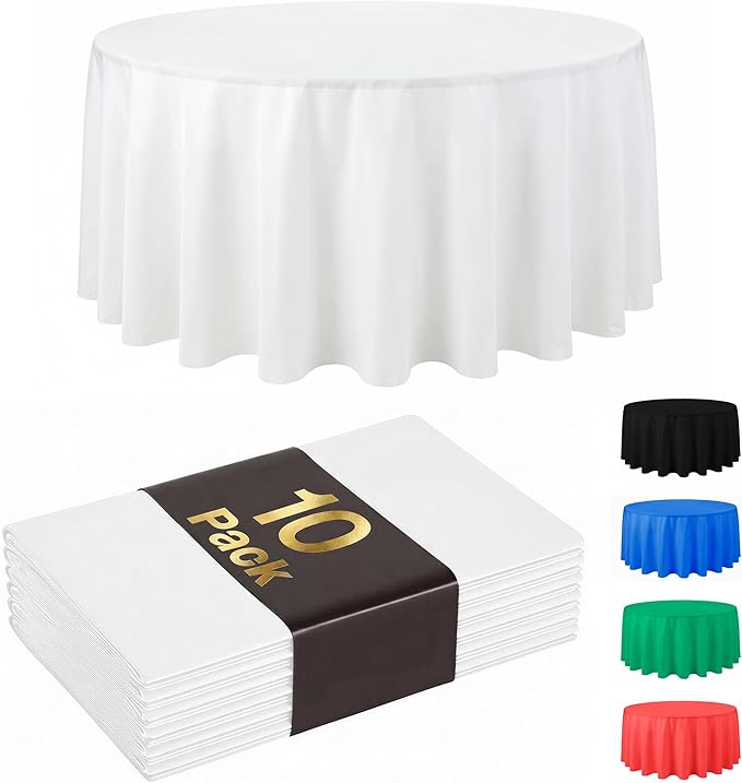 Auros Premium Plastic Tablecloths 10 Pack, 84'' Round Disposable Table Covers, Thick & Durable, Waterproof & Spill-Proof, Easy Cleanup for Parties, Wedding, Picnic, Pure White