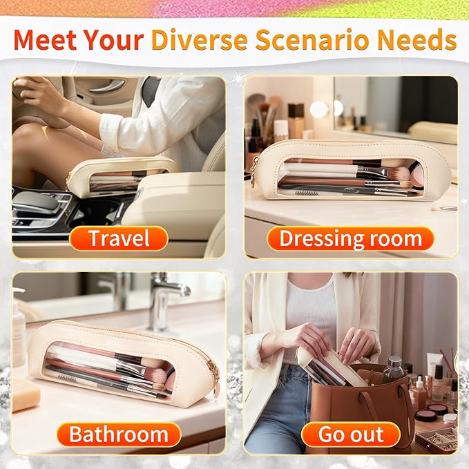 Small Double Sided Clear Makeup Bag - Waterproof Portable Makeup Brush Bag PU Leather Travel Makeup Brush Case Cosmetic Organizer Pouch with Zipper for Women Home Travel Office (White)