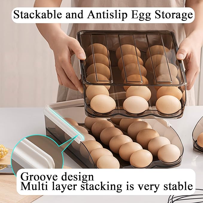 Egg Holder for Refrigerator Auto Scrolling Organizer Plastic Stackable Storage Container Reusable Clear Tray Box Basket Bin Lid Drawer Carrier Keeper(2 Layer)