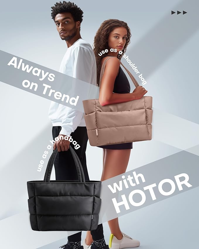 HOTOR Puffer Tote Bag for Women, Nurses - Multi-Pocket Lightweight Bag for Work - Quilted Handbag for Travel and Gym