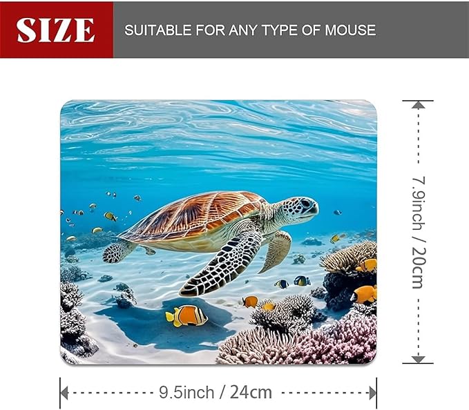 Square Mouse Pad Sea Turtle, Personalized Premium-Textured Custom Mouse Mat Design, Washable Mousepad Cloth, Non-Slip Rubber Base Computer Mouse Pads for Wireless Mouse