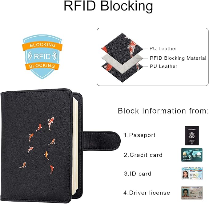 WALNEW Passport Holder for Travel, RFID Passport Cover Wallet for Women Men, PU Leather Passport Book Card Holder Case with Pen (Buckle Closure, Buckle-Carp)