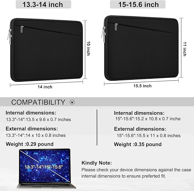 15.6 inch Laptop Sleeve, Durable Computer Carrying Bag Protective Case Briefcase Handbag with Front Pocket, Slim Cover for 15-16 Inch HP, Dell, Lenovo, Asus, Notebook, Black