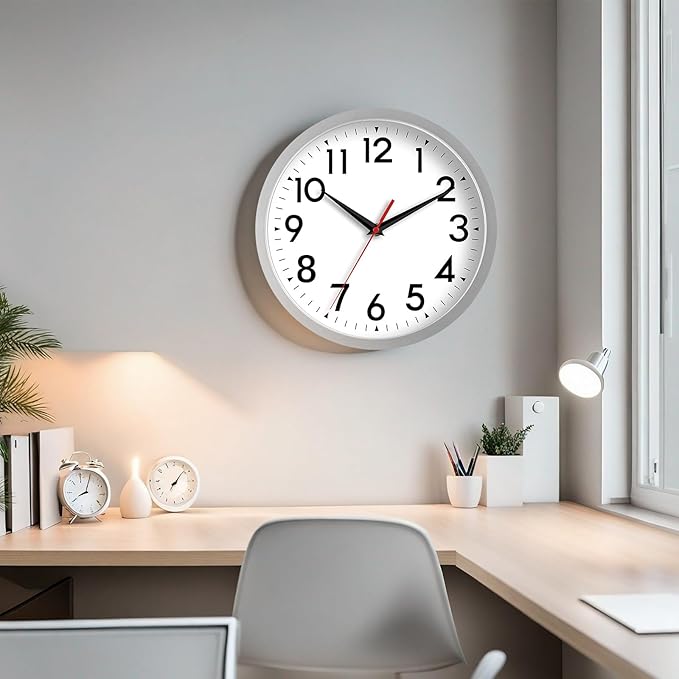 Wall Clock Modern Battery Operated 10 Inch Simple Silent Non-Ticking Decorative for Kitchen Office Outdoor Bedroom Living Room School Classroom (Silver)