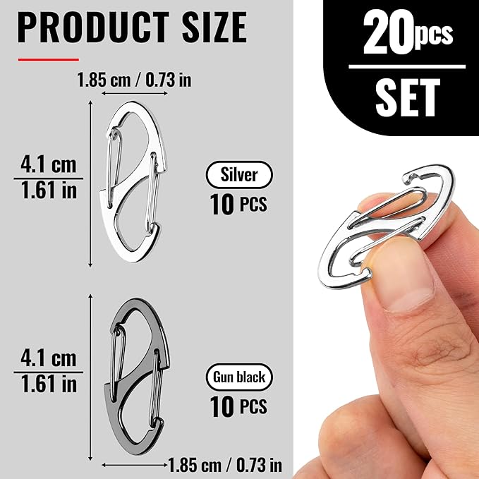 20Pcs Zipper Clips Anti Theft, Zipper Pull Replacement for Backpacks, Dual S Shaped Small Carabiner Clip Theft Deterrent for Suitcase, Keep Luggage Closed, Silver and Gunmetal Black