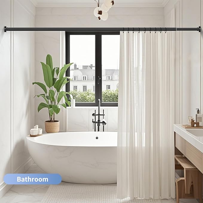 Black Shower Curtain Rod 34-96 Inches(2.8-8ft) Never Rust Adjustable Shower Rod Spring Tension Non Slip No Drilling Shower Rods for Bathroom Garland Window