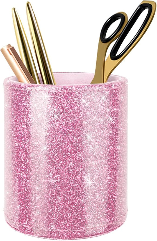 WAVEYU Glitter Pen Holder for Desk, Cute Pencil Cup Pink for Women Girls, Luxury Makeup Brush Holder Large Pu Leather Multi-Functional Organizer Cup for Office, Classroom, Home, Glitter Pink