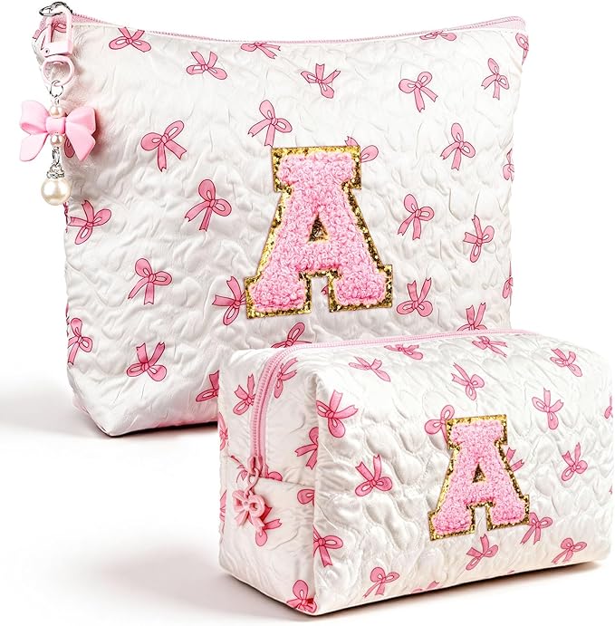 Initial Makeup Bag, Christmas Gifts for Women Teens Girls Birthday Gift Personalized Bow Cosmetic Bag, Quilted Cosmetic Travel Toiletry Pouch, Cute Makeup Organizer Teen Girl Gifts Trendy Stuff, A